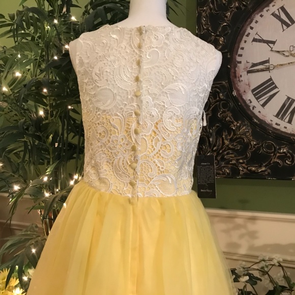 Short Yellow tulle and lace Cocktail party spring dress - Picture 4 of 6